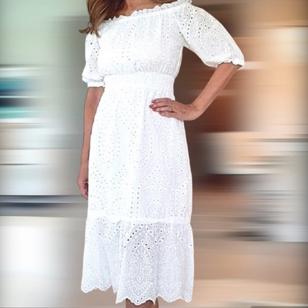 NEW BETSY JOHNSON Eyelet White Midi Dress Women's Size Large (5-18)